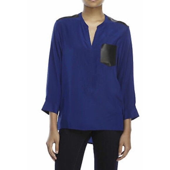 SANDRO Paris Navy Blue Eureka Leather Pocket Silk Hi-Lo Blouse Sz 1 Small - Picture 1 of 9